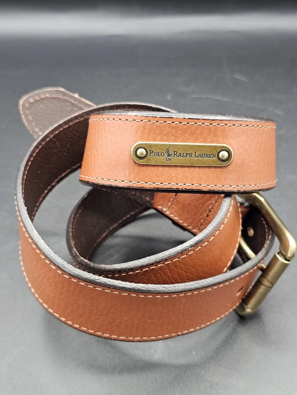 Vtg Polo Ralph Lauren Leather Belt Brass Logo Brown Men 36 Classic Old Money
